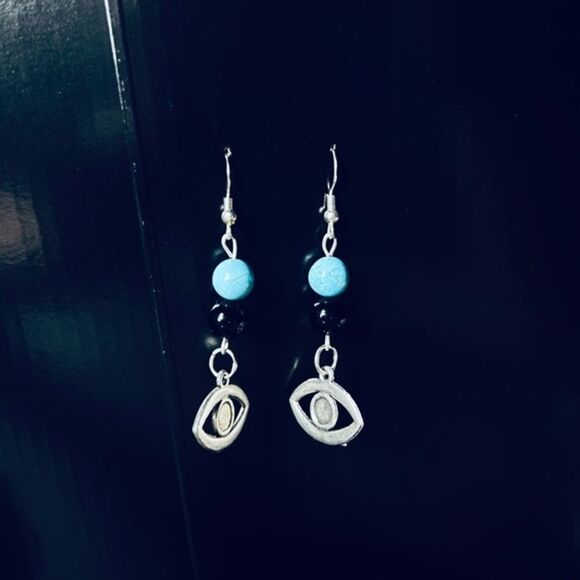 Handmade Turquoise and Black Onyx Evil Eye Earrings - Picture 1 of 1